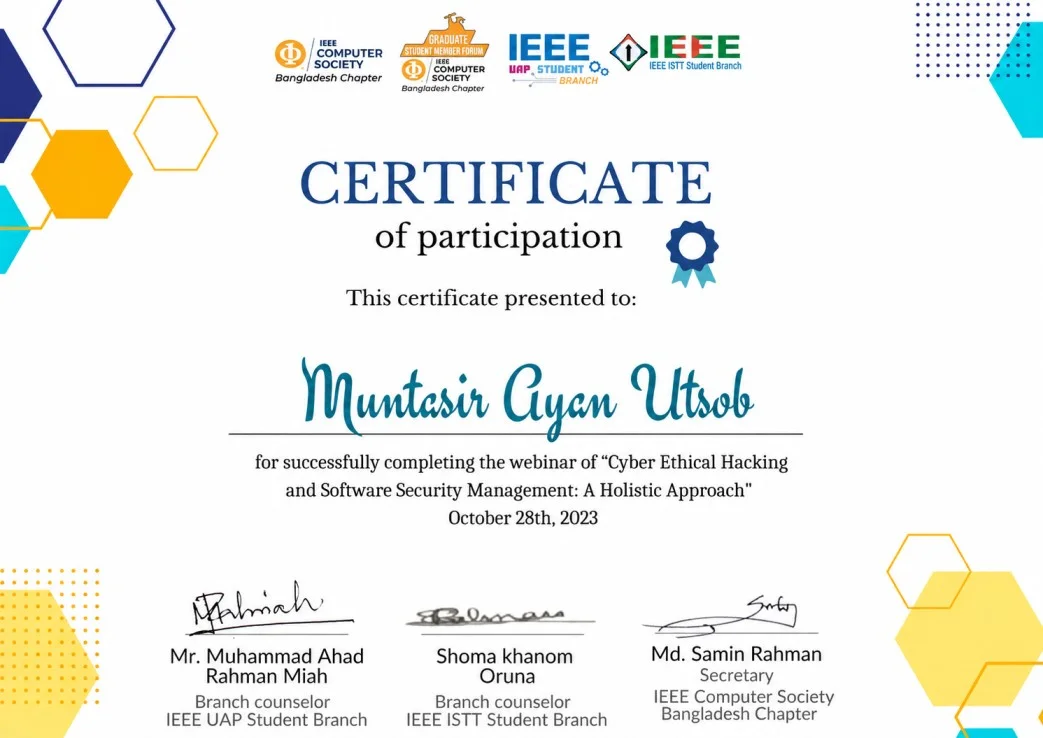 Cyber Ethical Hacking and Software Security Management Participants Certificates